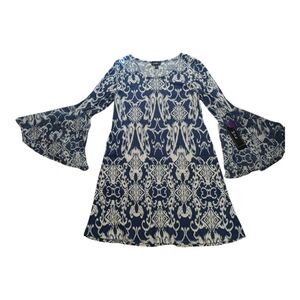 NWT MSK Blue Ivory Ikat Print Shift Trumpet Sleeves Midi Dress Women's Large